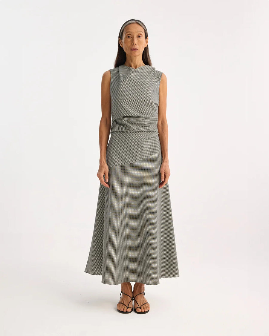 rohe Mini Check Dress with Cowl Neck cream and black on figure front