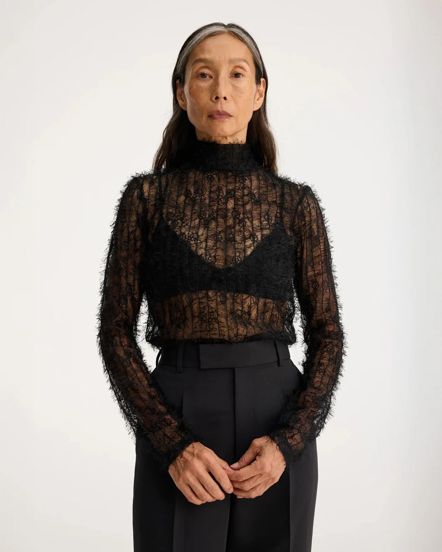 rohe High Neck Textured Sheer Top black on figure front