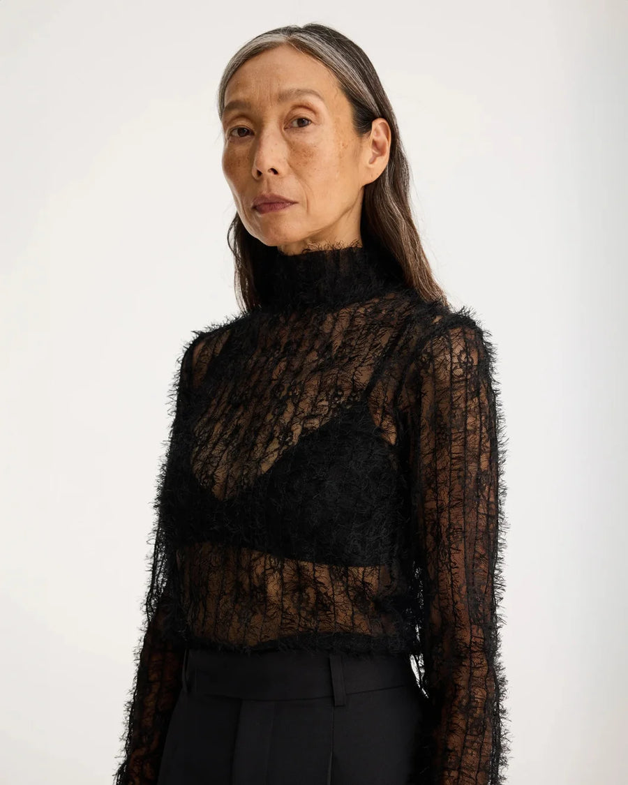 rohe High Neck Textured Sheer Top black on figure side