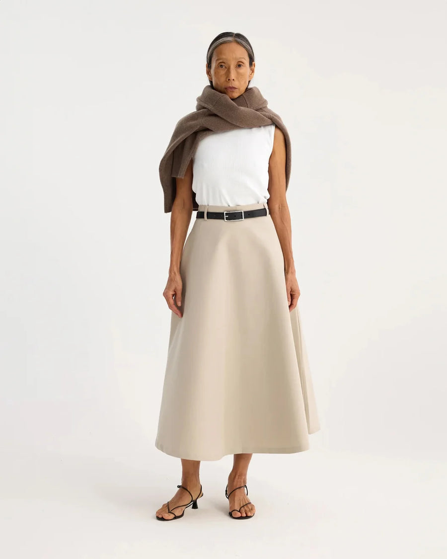 rohe Voluminous A-Line Cotton Skirt sand on figure front