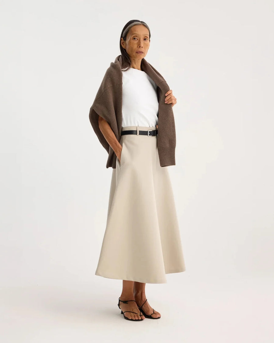 rohe Voluminous A-Line Cotton Skirt sand on figure side