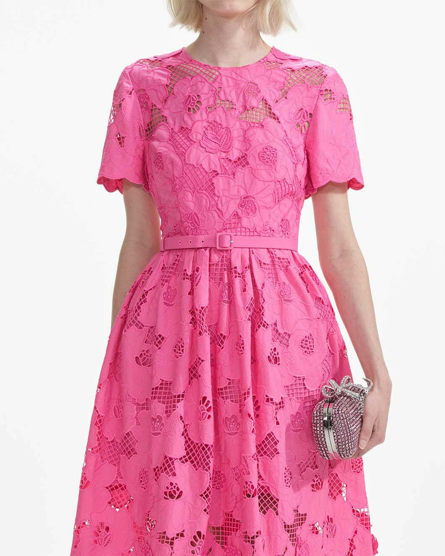 self portait pink cotton lace midi dress pink on figure front detail