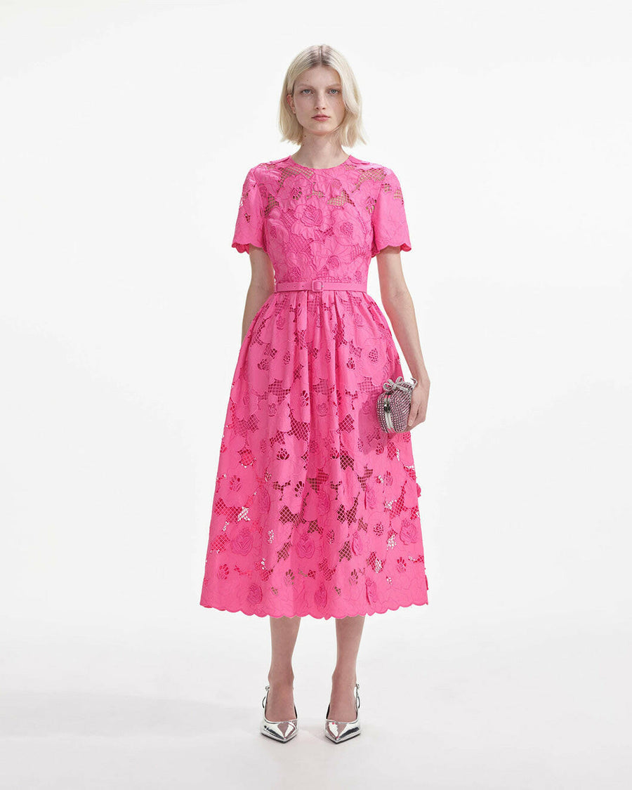 self portait pink cotton lace midi dress pink on figure front