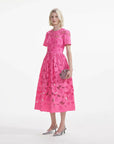 self portait pink cotton lace midi dress pink on figure side