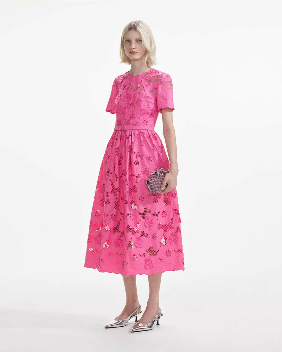 self portait pink cotton lace midi dress pink on figure side