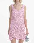 self portait pink floral lace mini dress pink on figure front detail