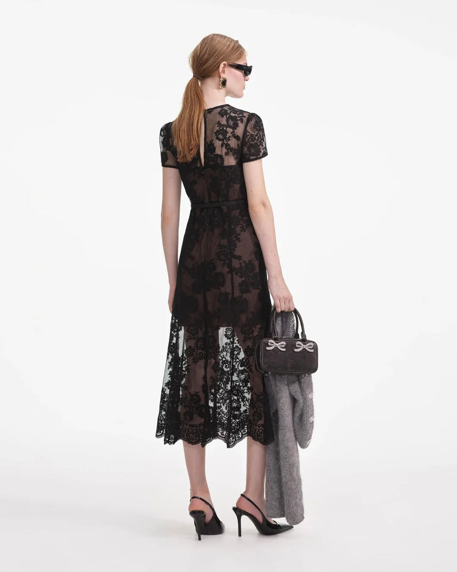 self portrait Black Lace Bustier Midi Dress on figure back