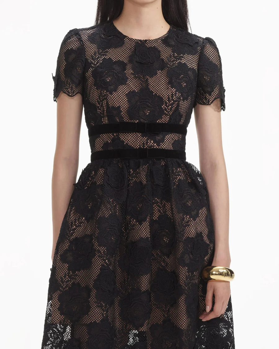 self portrait Black Lace Velvet Bow Midi Dress front