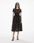 self portrait Black Lace Velvet Bow Midi Dress front