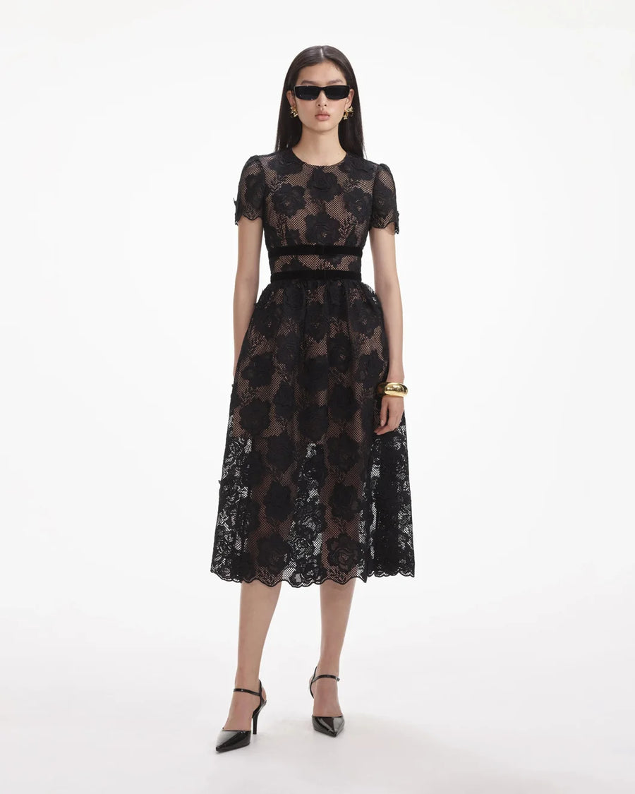 self portrait Black Lace Velvet Bow Midi Dress front