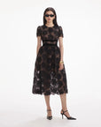 self portrait Black Lace Velvet Bow Midi Dress front