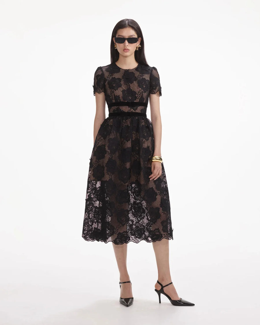 self portrait Black Lace Velvet Bow Midi Dress front