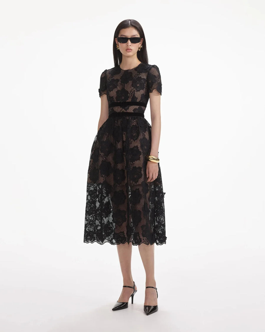 self portrait Black Lace Velvet Bow Midi Dress side