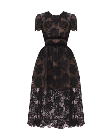 self portrait Black Lace Velvet Bow Midi Dress