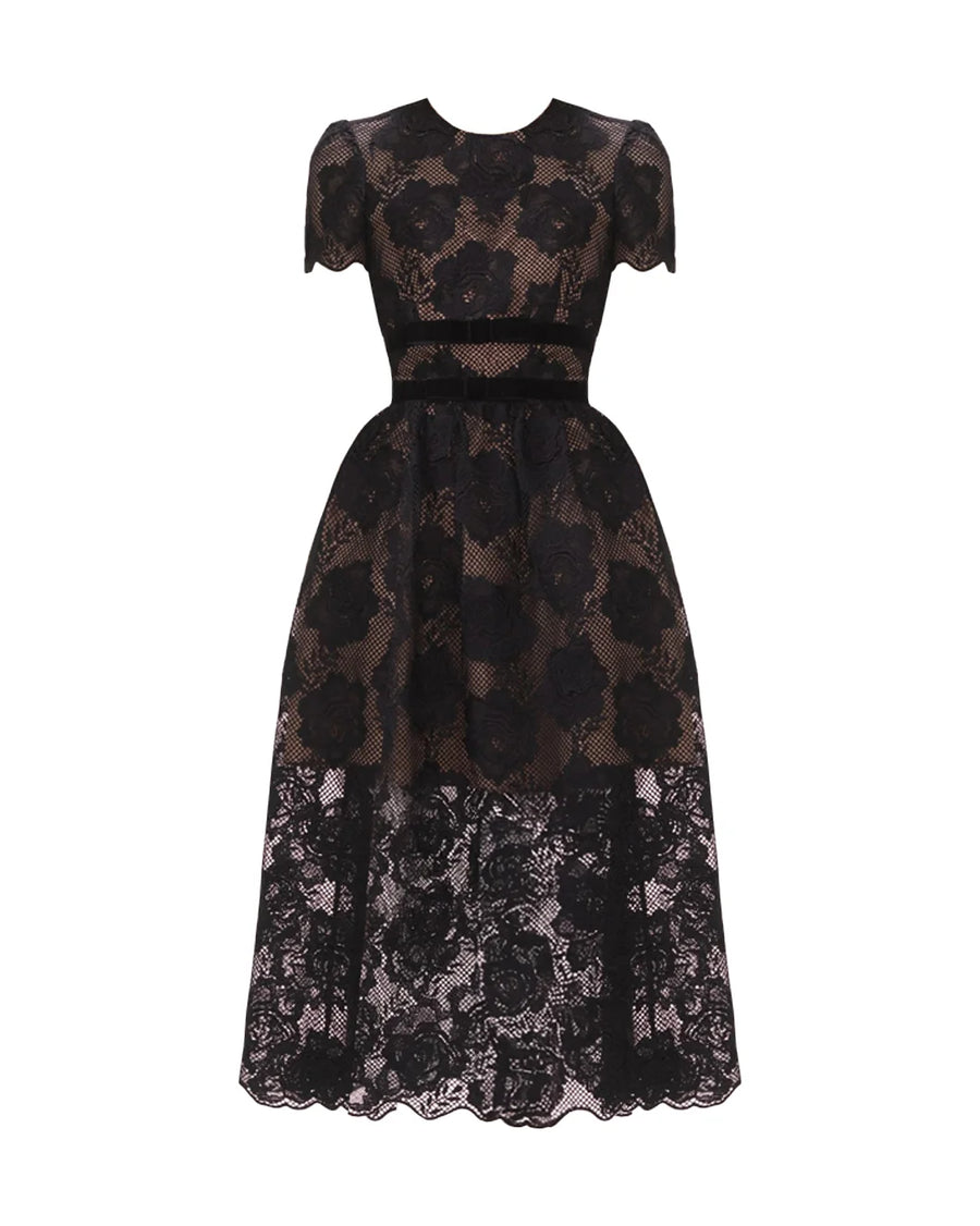 self portrait Black Lace Velvet Bow Midi Dress