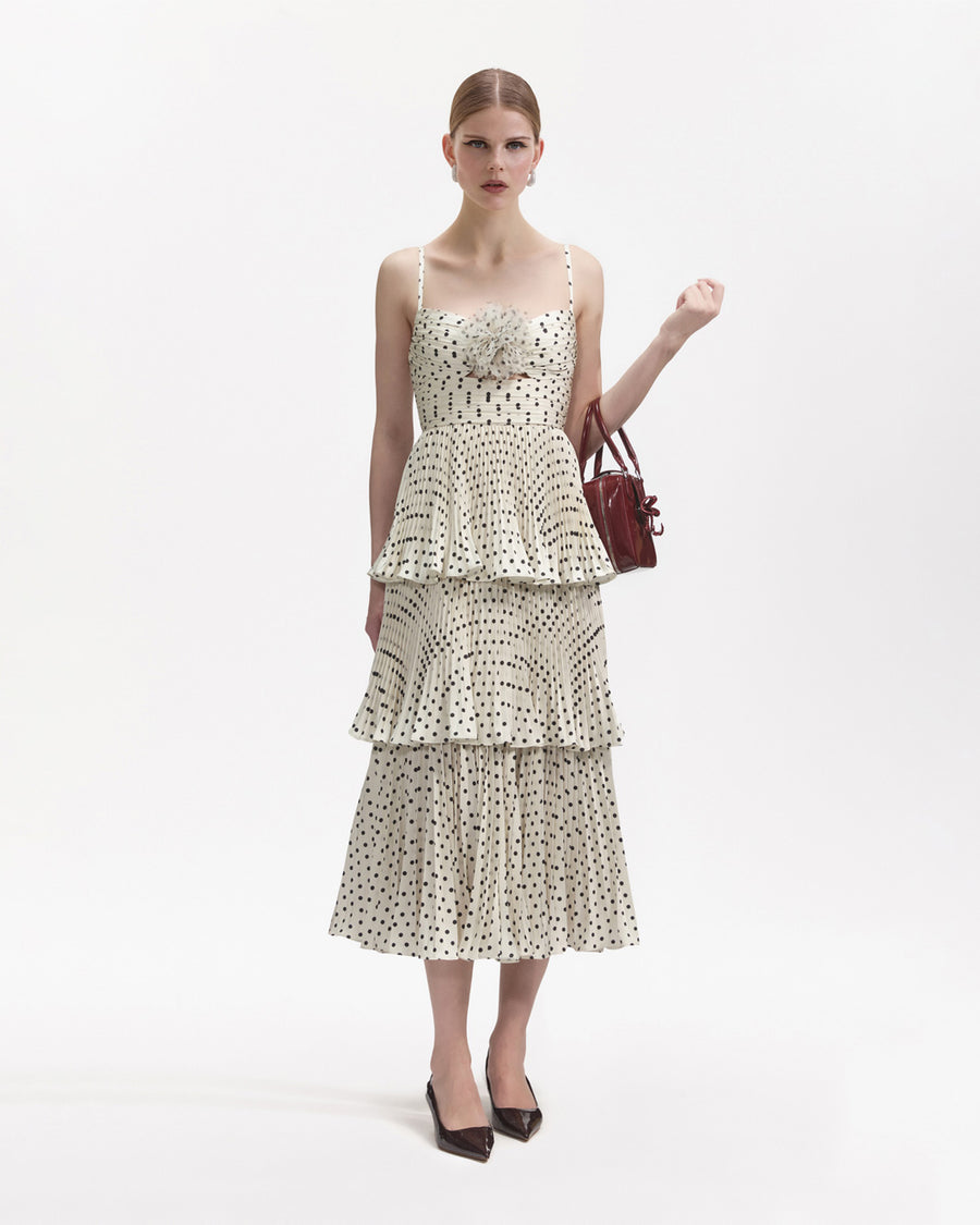 Self Portrait cream polka dot tiered mid dress on figure front