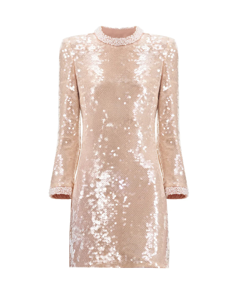 self portrait Pearl Trim Sequin Mini Dress beige