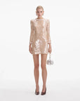 self portrait Pearl Trim Sequin Mini Dress beige on figure front