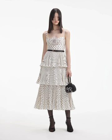 self portrait Cream Polka Dot Tiered Midi Dress front