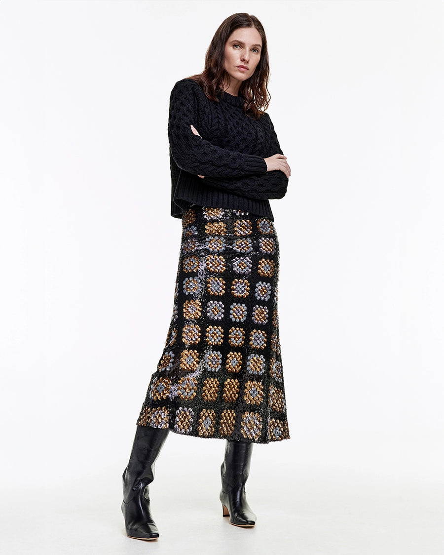 smythe sequin midi skirt black and gold on figure