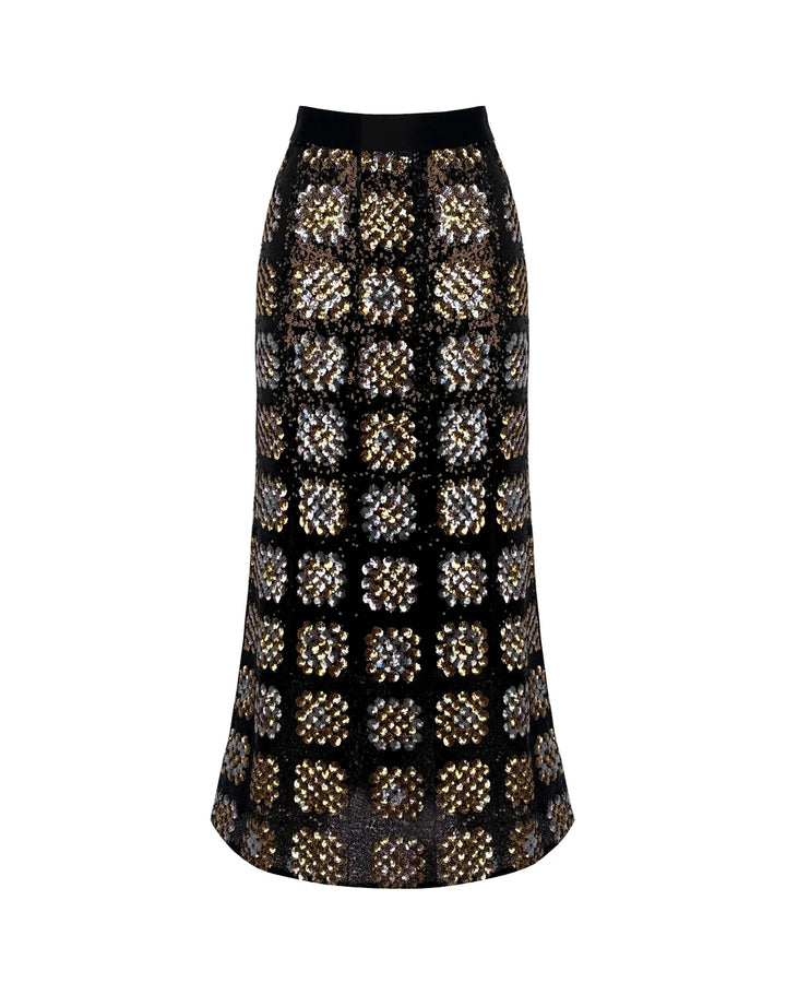 smythe sequin midi skirt black and gold