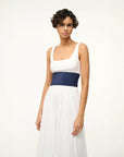 staud rig dress white and navy on figure front