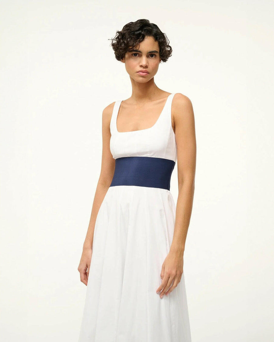 staud rig dress white and navy on figure front