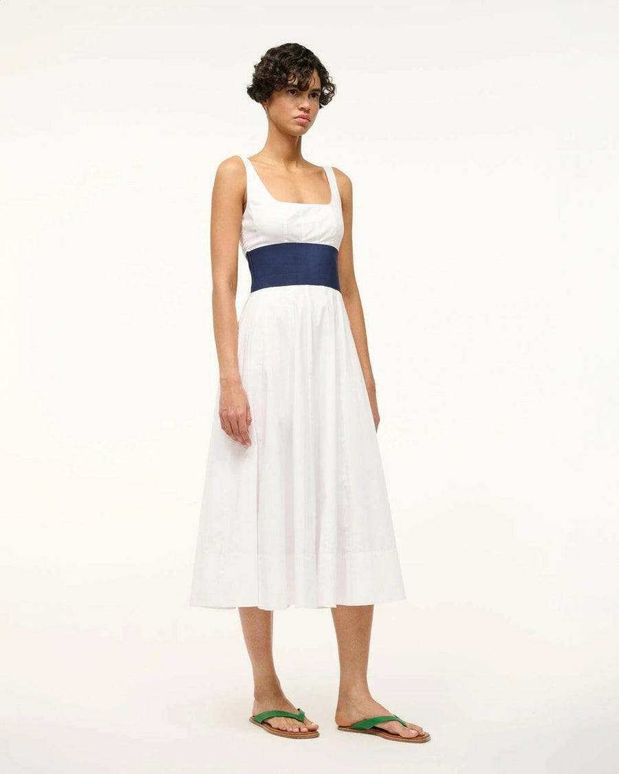 staud rig dress white and navy on figure side