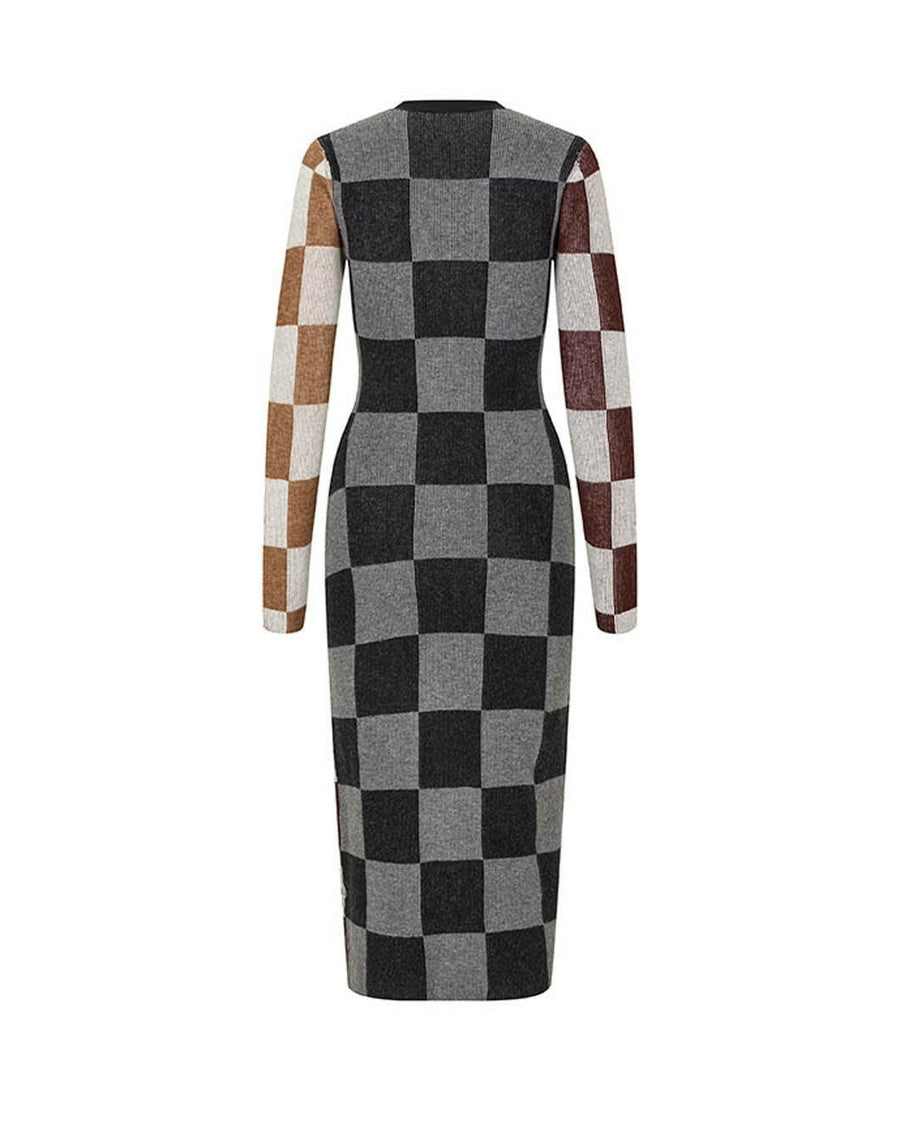 stine goya Midi Fitted Dress brown and grey check back