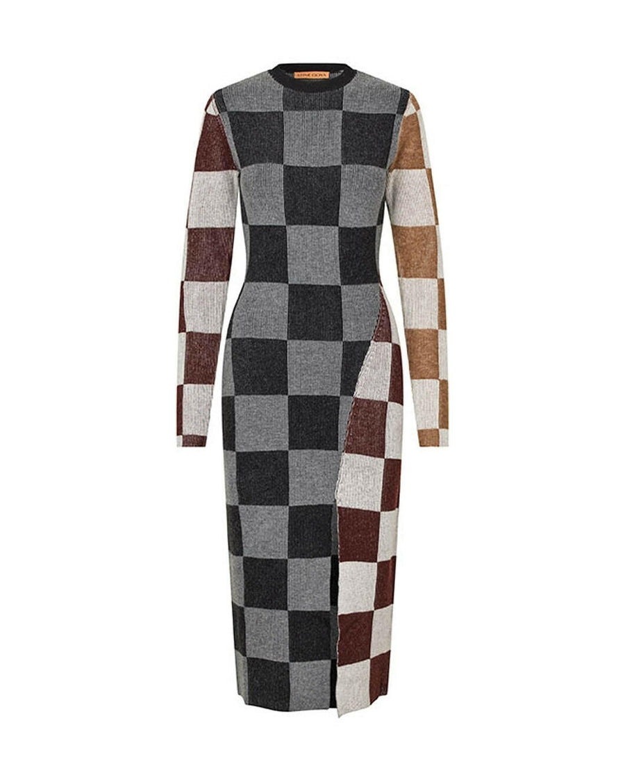 stine goya Midi Fitted Dress brown and grey check