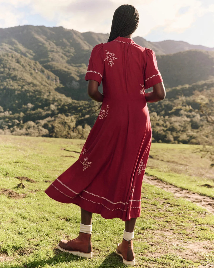 the great the bridge dress with hanky embroidered scarlet red on figure back