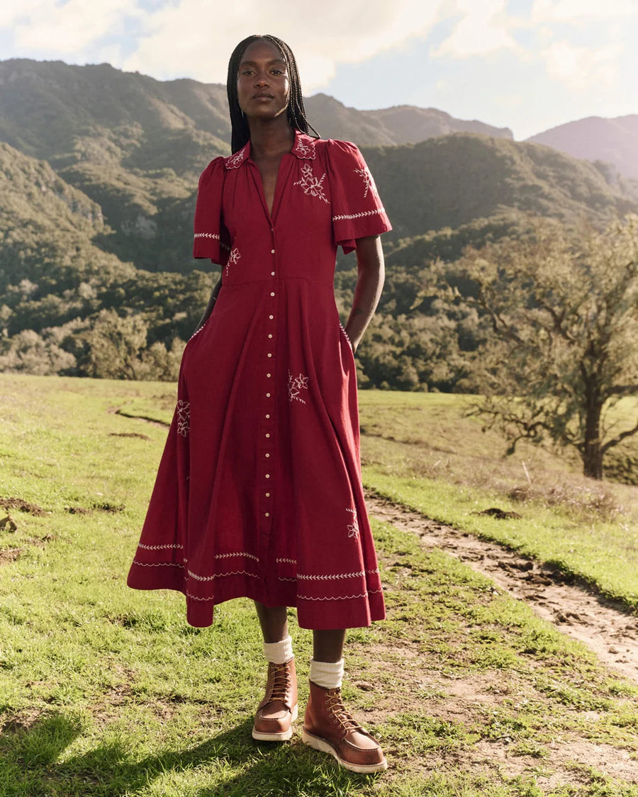 the great the bridge dress with hanky embroidered scarlet red on figure front