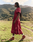 the great the bridge dress with hanky embroidered scarlet red on figure side