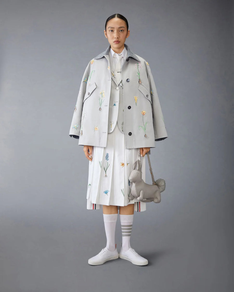 thom browne CLASSIC COTTON LINEN BOTANICAL FLOWER PLEATED SKIRT on figure front