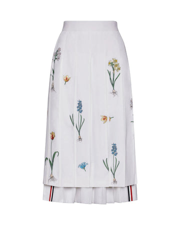 thom browne CLASSIC COTTON LINEN BOTANICAL FLOWER PLEATED SKIRT