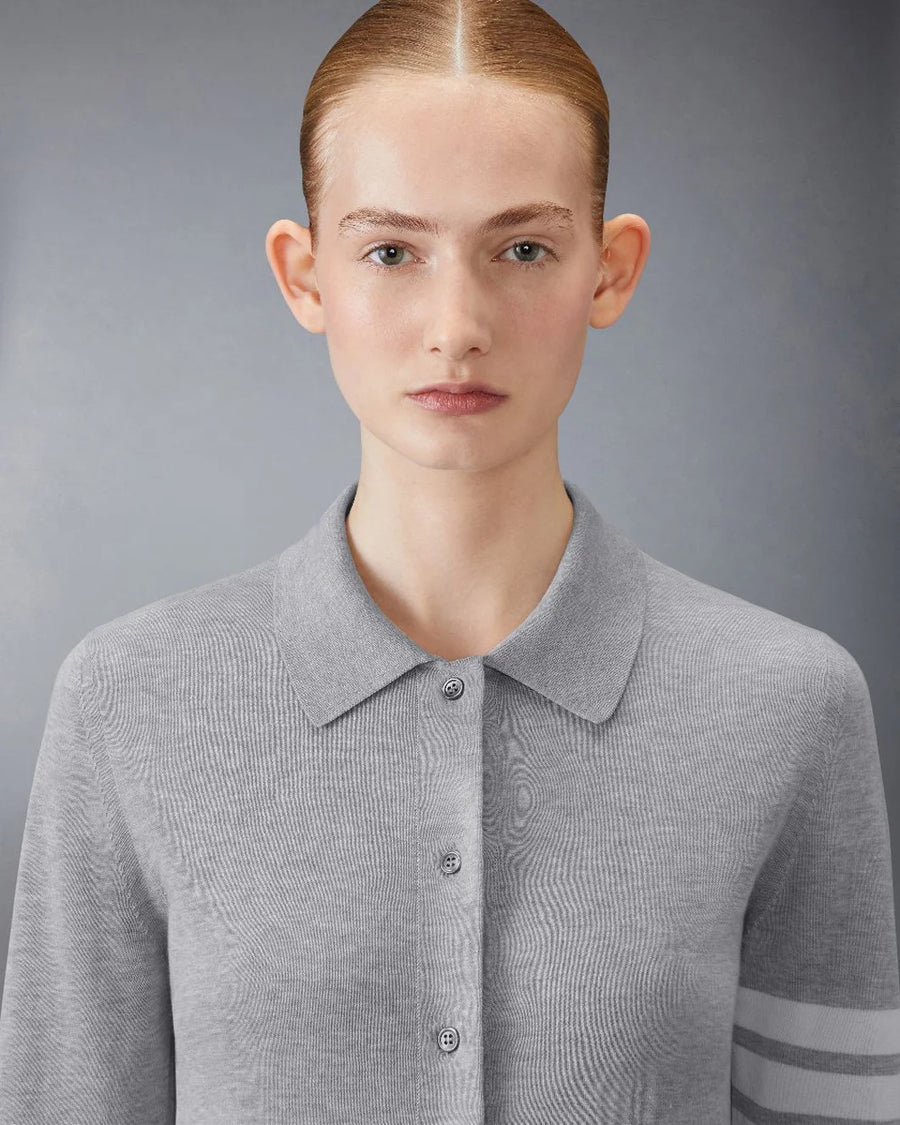 thom browne cotton 4 bar shirt grey on figure front detail