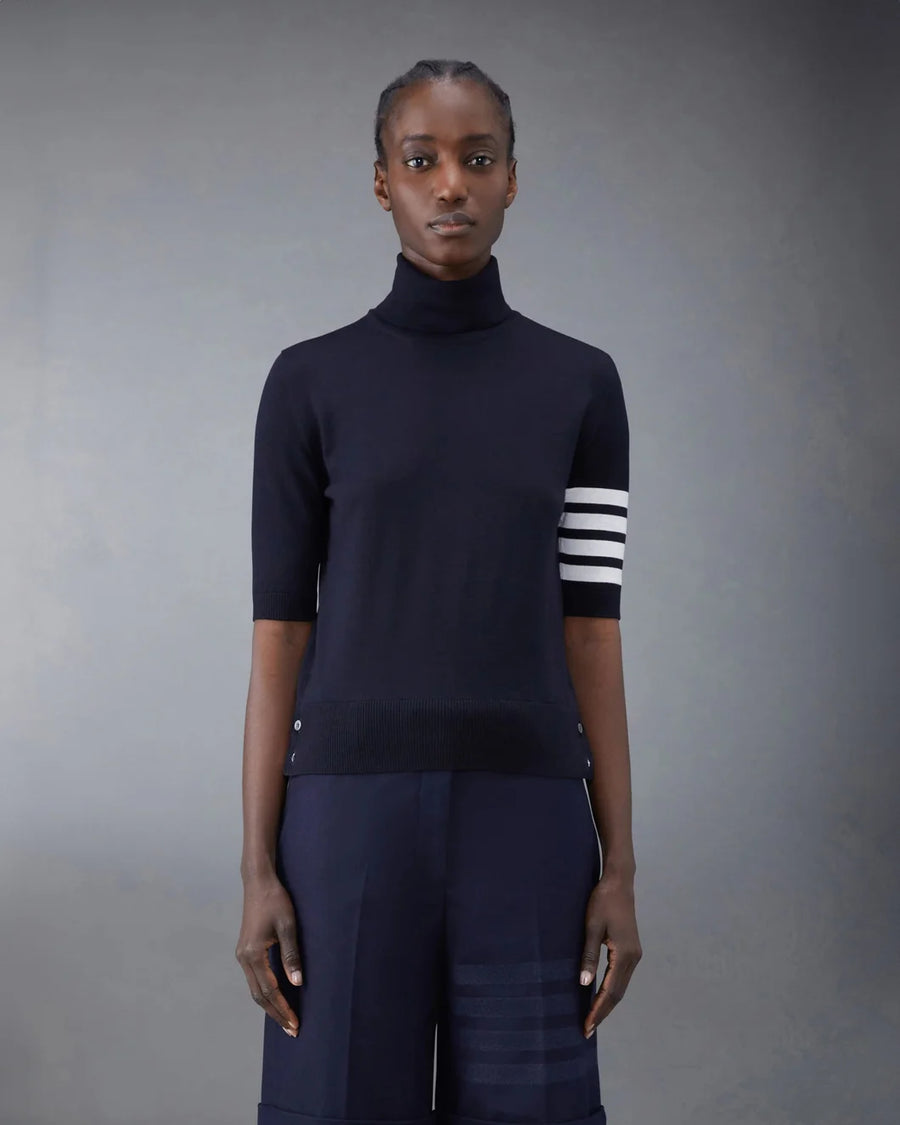 thom browne Fine Merino Wool 4-Bar Relaxed Fit Turtleneck navy on figure front