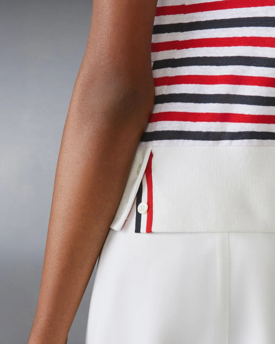 THOM BROWNE Shell Top w Shoulder Vent Striped Linen on figure back detail