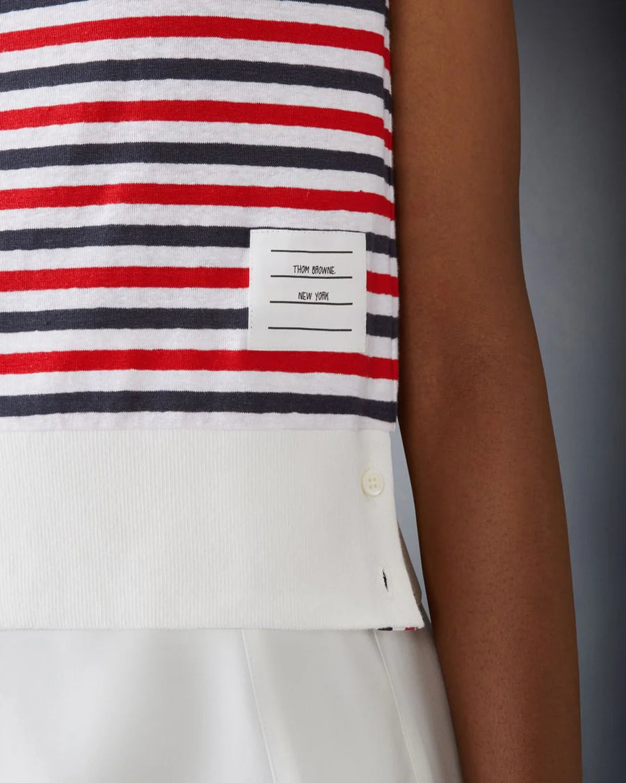 THOM BROWNE Shell Top w Shoulder Vent Striped Linen on figure front detail