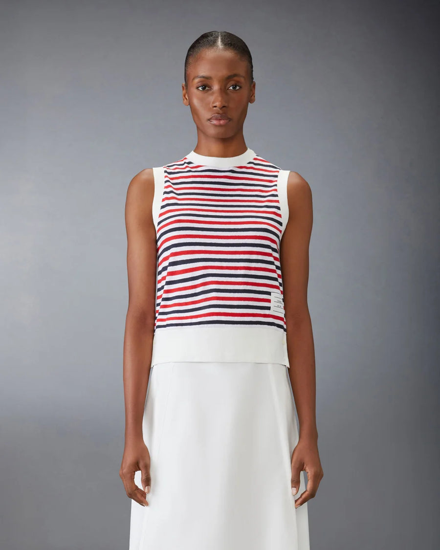 THOM BROWNE Shell Top w Shoulder Vent Striped Linen on figure front