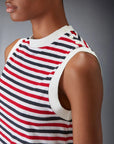 THOM BROWNE Shell Top w Shoulder Vent Striped Linen on figure shoulder detail