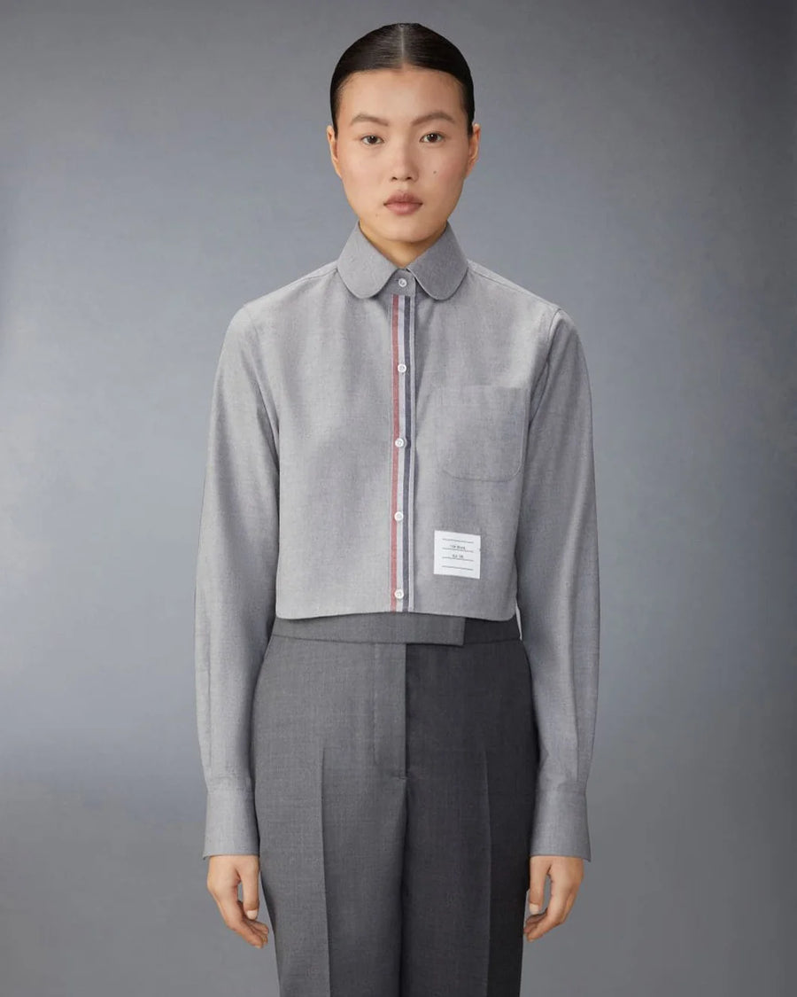 thom browne classic cropped round collar shirt grey with classic backstrap trouser