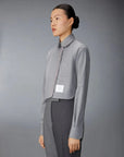 thom browne classic cropped round collar shirt grey with classic backstrap trouser side