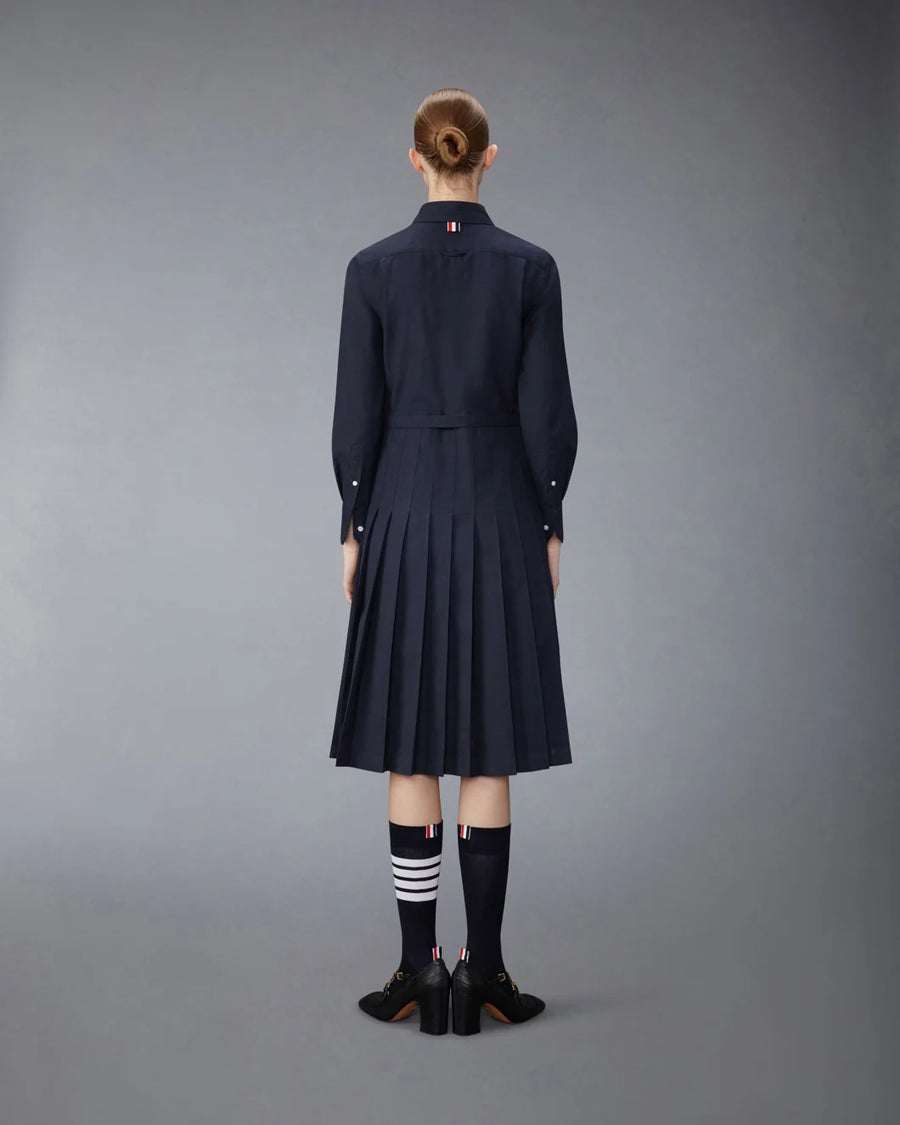 THOM BROWNE Knee Length Pleated Dress Navy on figure back