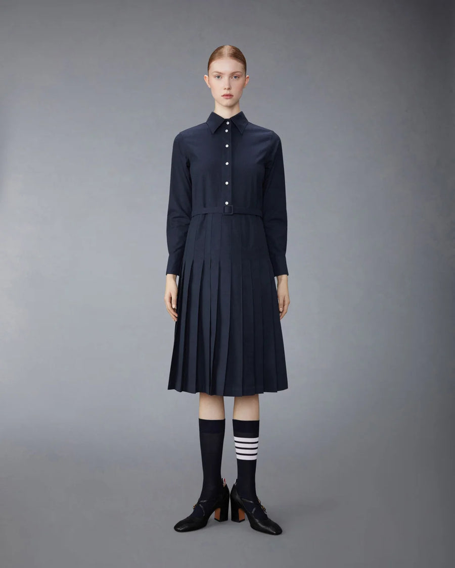 THOM BROWNE Knee Length Pleated Dress Navy on figure front