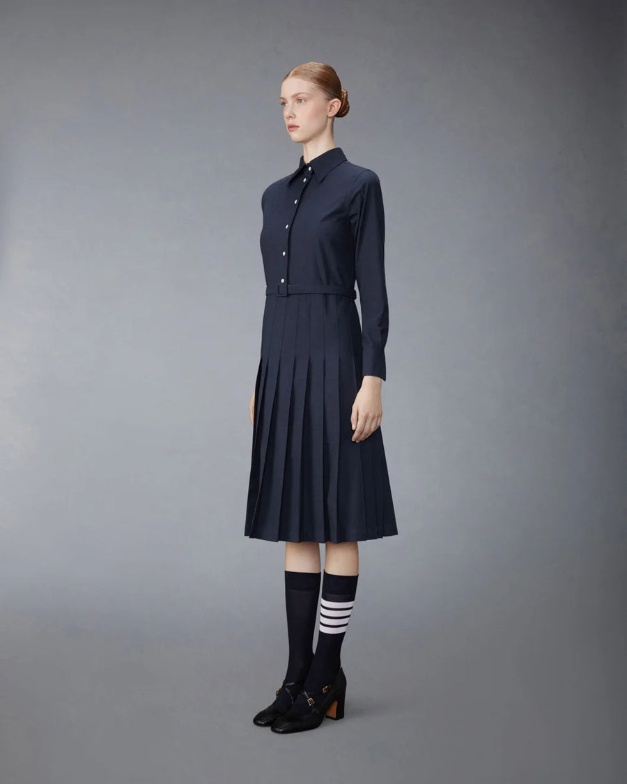 THOM BROWNE Knee Length Pleated Dress Navy on figure side