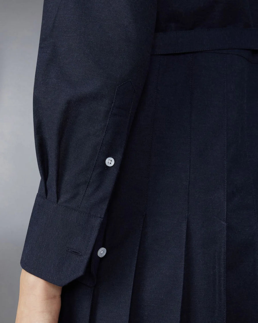 THOM BROWNE Knee Length Pleated Dress Navy on figure sleeve