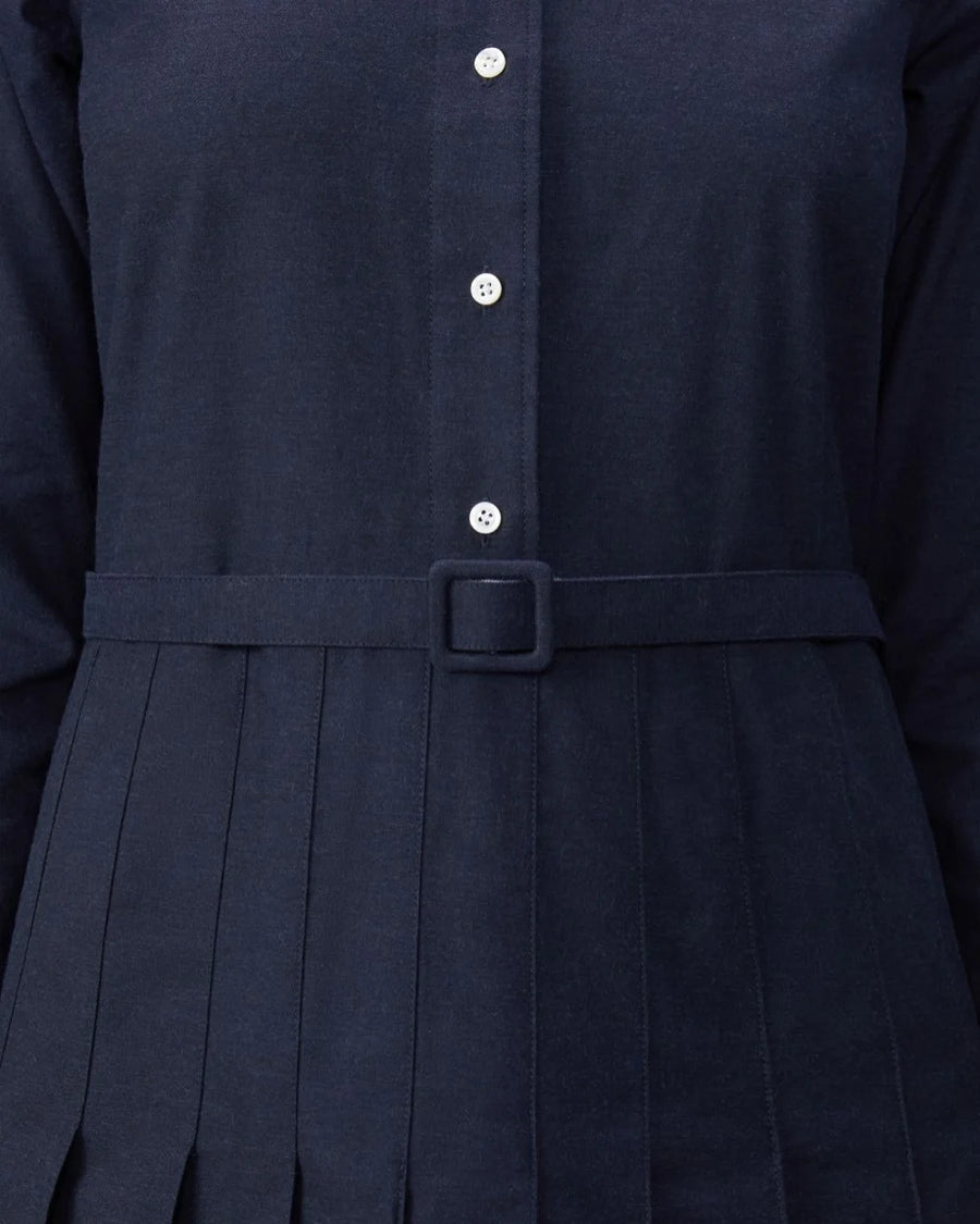 THOM BROWNE Knee Length Pleated Dress Navy on figure front