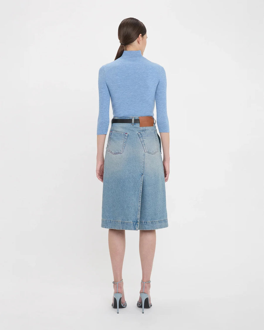 victoria beckham denim wrap detail skirt pale blue wash on figure back