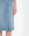 victoria beckham denim wrap detail skirt pale blue wash on figure front detail